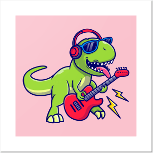 Cute Dinosaur Playing Guitar Music Cartoon Posters and Art